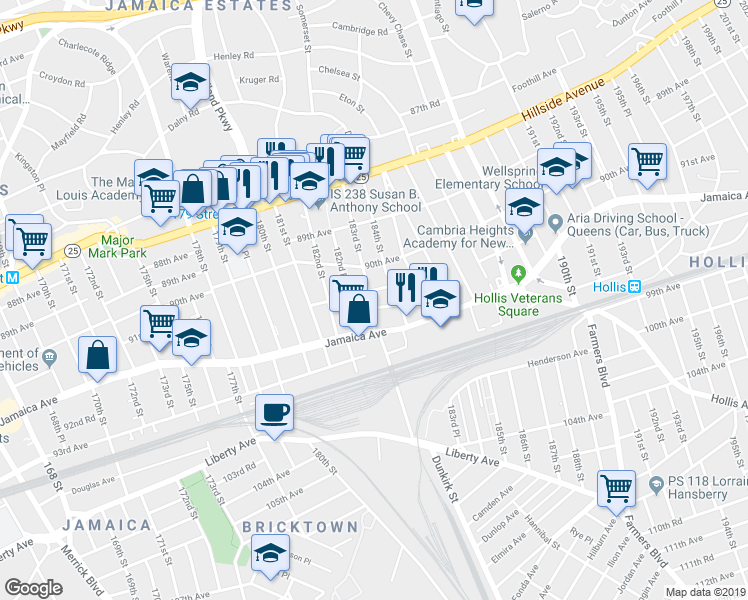 map of restaurants, bars, coffee shops, grocery stores, and more near 91-09 183rd Street in Queens