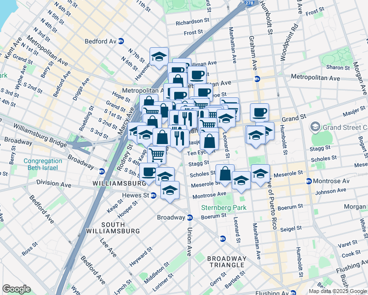 map of restaurants, bars, coffee shops, grocery stores, and more near 20 Maujer Street in Brooklyn