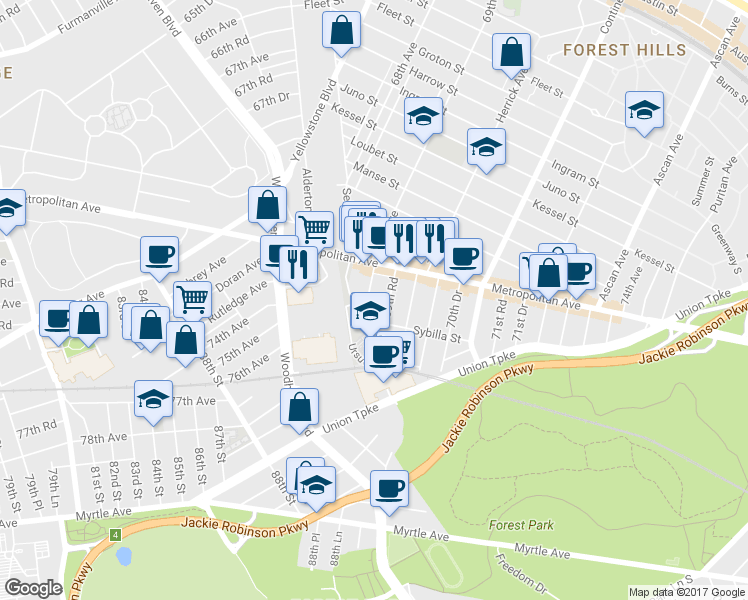 map of restaurants, bars, coffee shops, grocery stores, and more near 87-16 69th Avenue in Queens