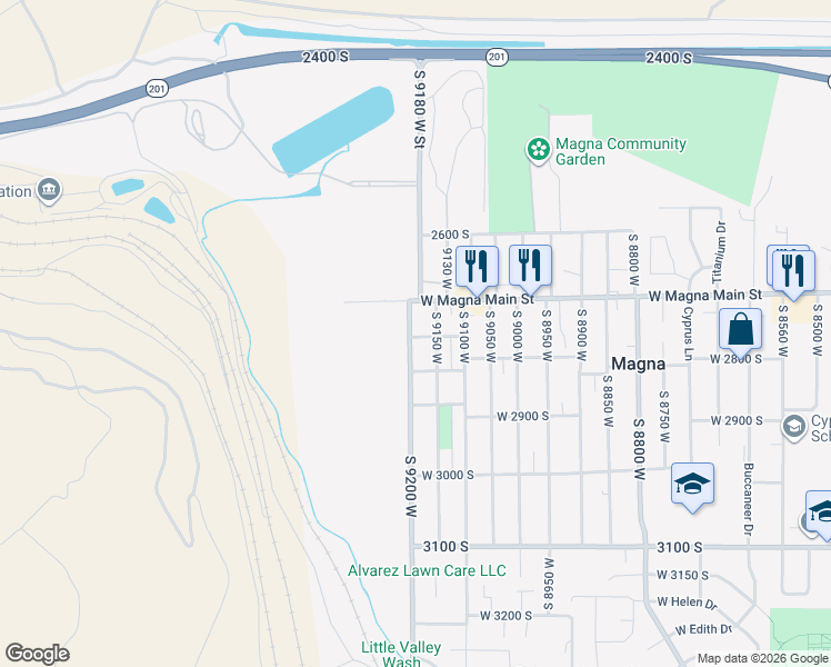 map of restaurants, bars, coffee shops, grocery stores, and more near 2751 West 2760 South in Magna