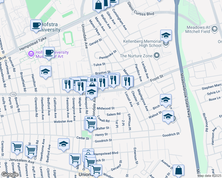 map of restaurants, bars, coffee shops, grocery stores, and more near 1085 Front Street in Uniondale