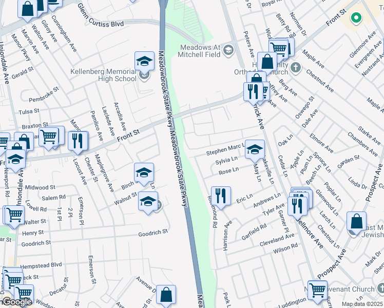 map of restaurants, bars, coffee shops, grocery stores, and more near 1397 Stephen Marc Lane in East Meadow