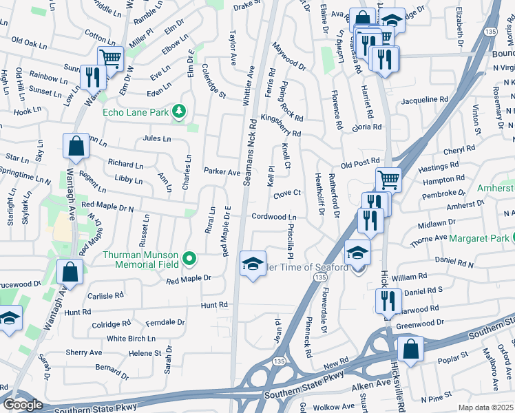 map of restaurants, bars, coffee shops, grocery stores, and more near 3816 Saries Court in Seaford