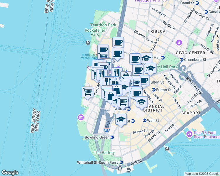 map of restaurants, bars, coffee shops, grocery stores, and more near 85 Albany Street in New York