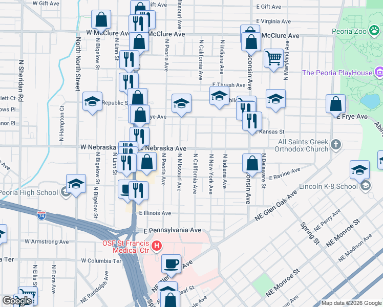 map of restaurants, bars, coffee shops, grocery stores, and more near 1835 North California Avenue in Peoria