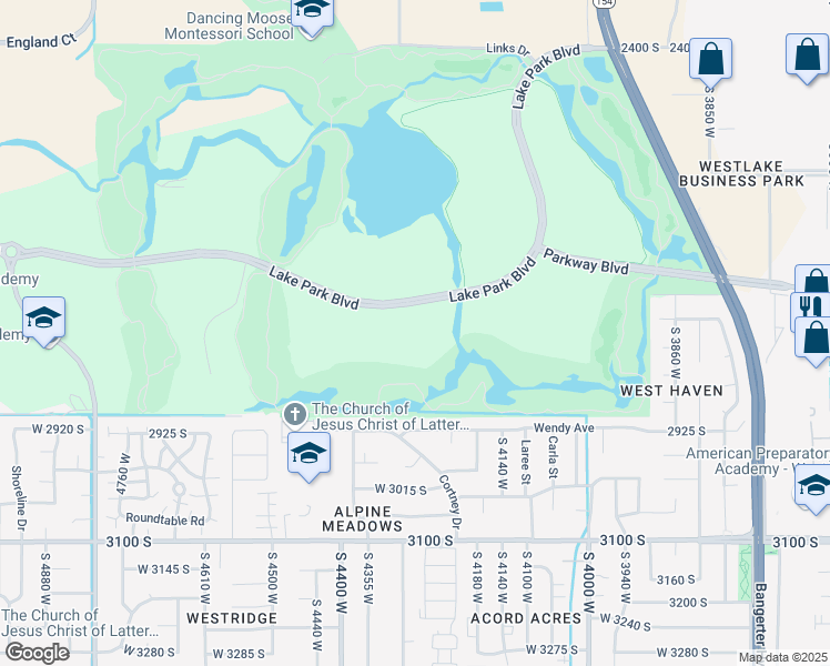 map of restaurants, bars, coffee shops, grocery stores, and more near 4225 W Lake Park Boulevard in West Valley City