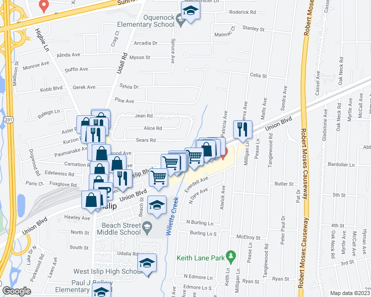 map of restaurants, bars, coffee shops, grocery stores, and more near 40 Sequams Ln W in West Islip