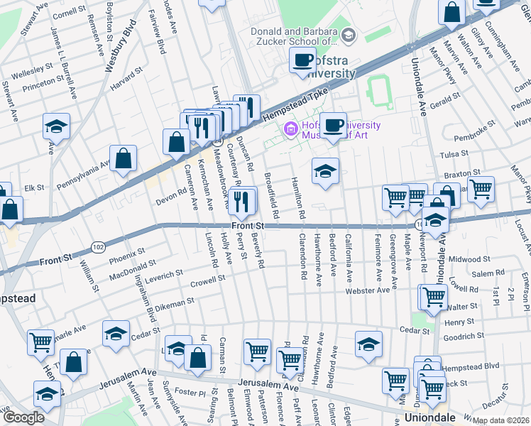 map of restaurants, bars, coffee shops, grocery stores, and more near 151 Duncan Road in Hempstead