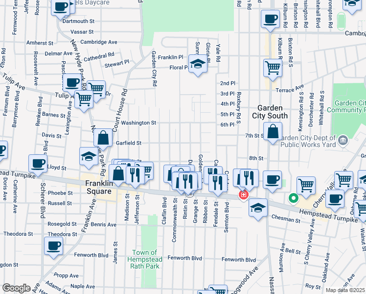 map of restaurants, bars, coffee shops, grocery stores, and more near 125 Daffodil Avenue in Franklin Square