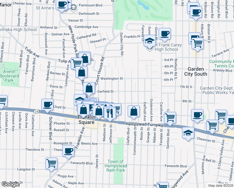 map of restaurants, bars, coffee shops, grocery stores, and more near 132 Monroe Street in Franklin Square