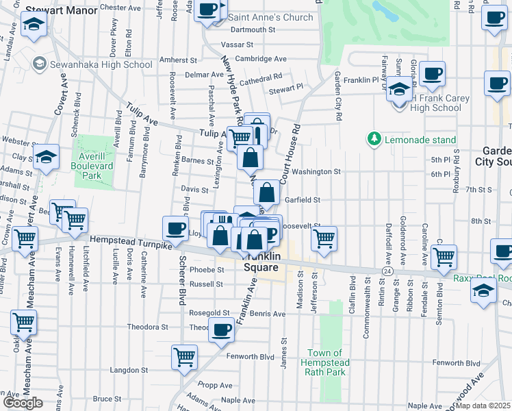 map of restaurants, bars, coffee shops, grocery stores, and more near 997 Auburn Street in Franklin Square