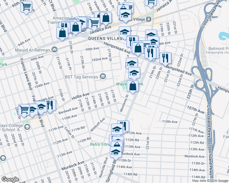 map of restaurants, bars, coffee shops, grocery stores, and more near 109-14 217th Street in Queens