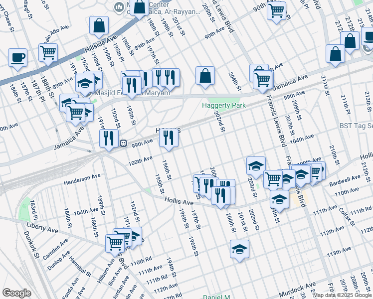 map of restaurants, bars, coffee shops, grocery stores, and more near 198-02 100th Avenue in Queens