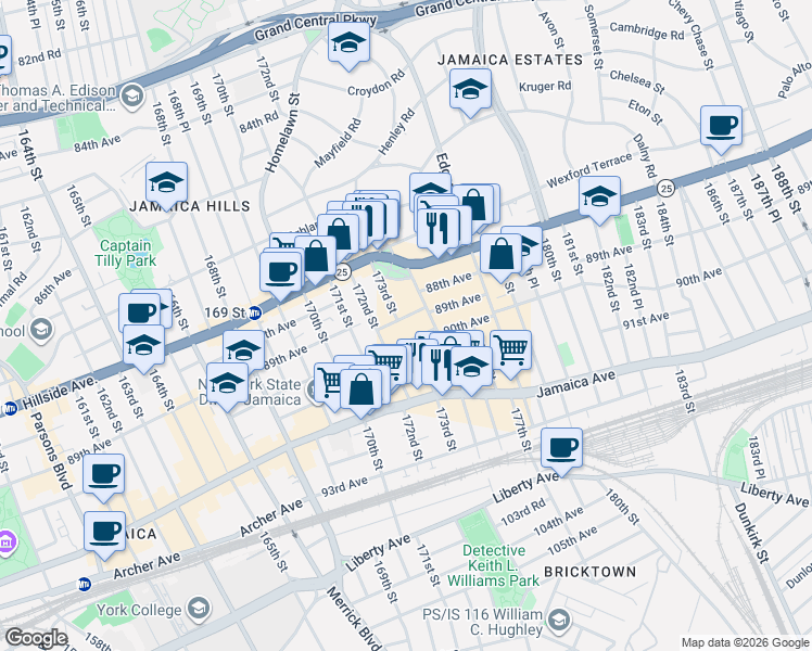 map of restaurants, bars, coffee shops, grocery stores, and more near 1732A 89th Avenue in Queens
