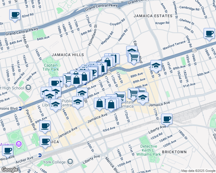 map of restaurants, bars, coffee shops, grocery stores, and more near 88-15 170th Street in Queens