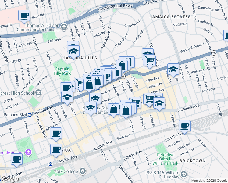 map of restaurants, bars, coffee shops, grocery stores, and more near 88-15 170th Street in Queens
