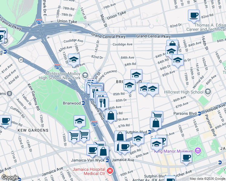 map of restaurants, bars, coffee shops, grocery stores, and more near 140-17 84th Drive in Queens