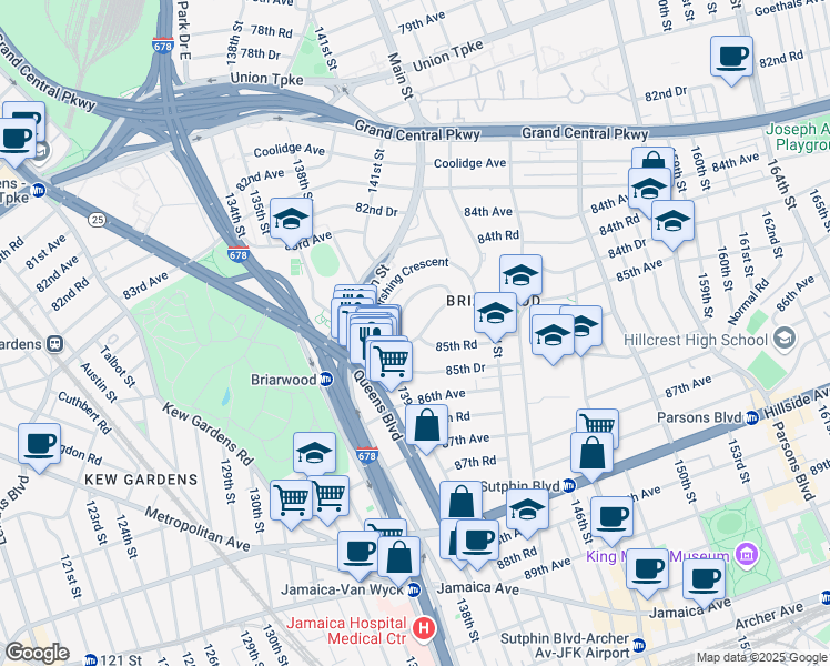 map of restaurants, bars, coffee shops, grocery stores, and more near 140-17 84th Drive in Queens