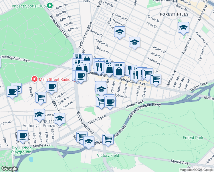 map of restaurants, bars, coffee shops, grocery stores, and more near 87-16 69th Avenue in Queens