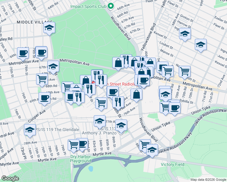 map of restaurants, bars, coffee shops, grocery stores, and more near 88-32 Doran Avenue in Queens