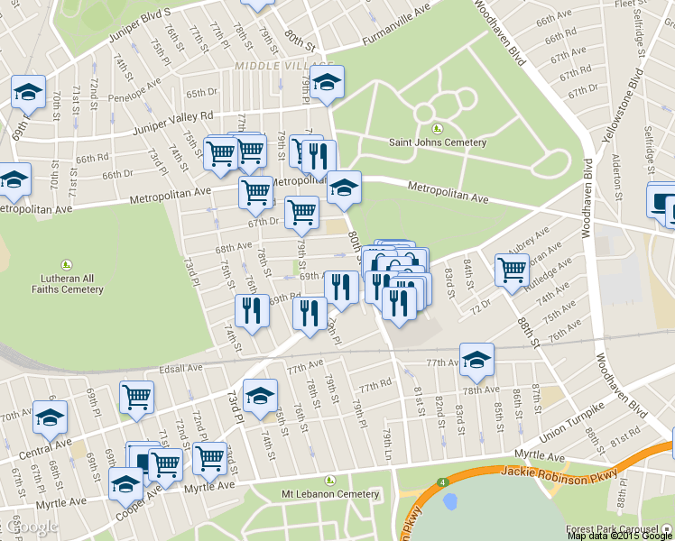map of restaurants, bars, coffee shops, grocery stores, and more near 79-33 69th Avenue in Queens
