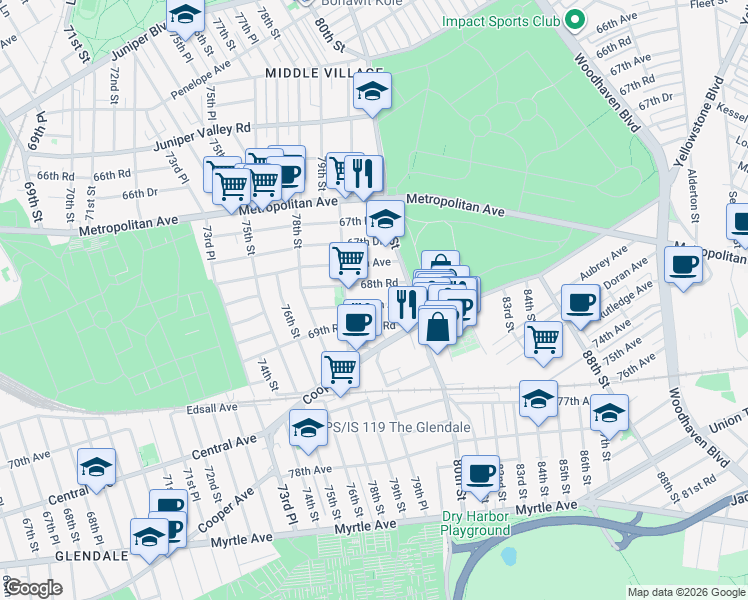map of restaurants, bars, coffee shops, grocery stores, and more near 79-33 69th Avenue in Queens