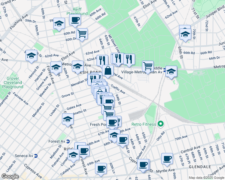 map of restaurants, bars, coffee shops, grocery stores, and more near 6401 Traffic Avenue in Queens