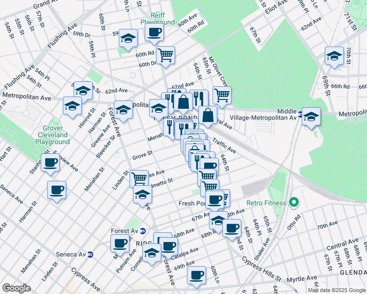 map of restaurants, bars, coffee shops, grocery stores, and more near 64-13 Fresh Pond Road in Queens