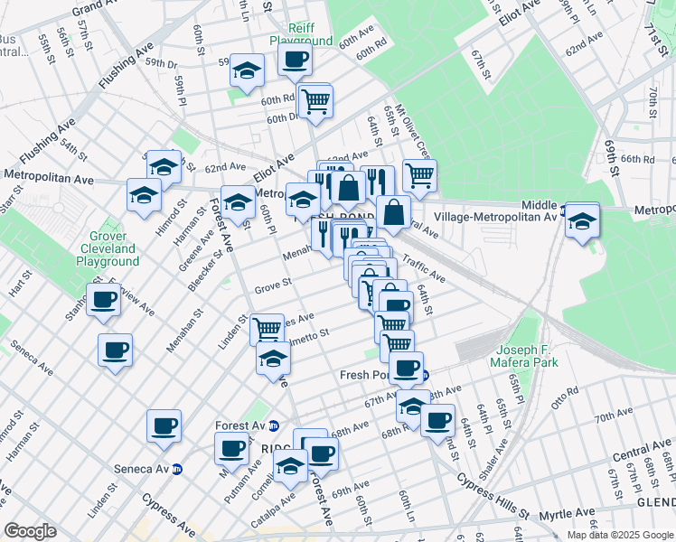 map of restaurants, bars, coffee shops, grocery stores, and more near 60-46 Grove Street in Queens