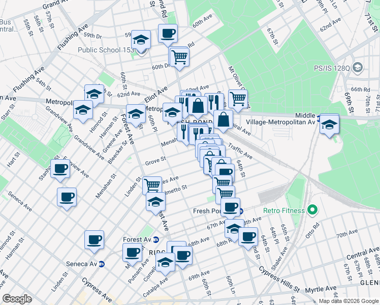map of restaurants, bars, coffee shops, grocery stores, and more near 60-46 Grove Street in Queens