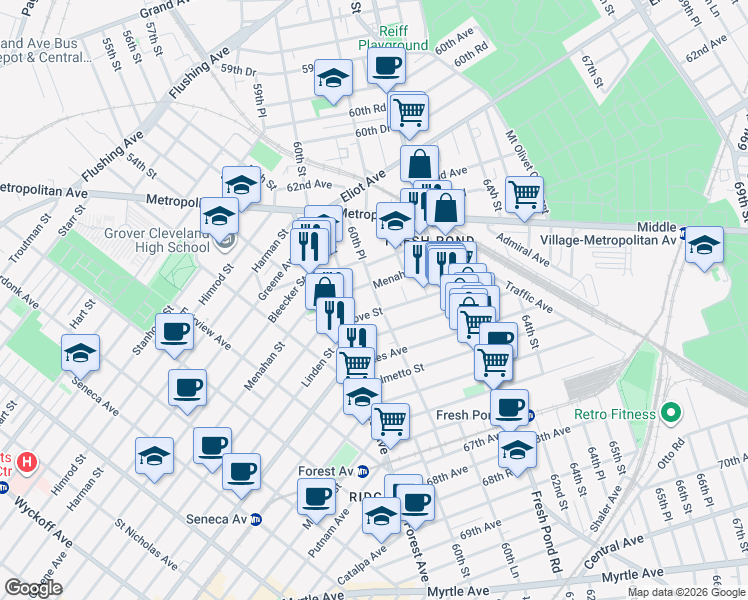 map of restaurants, bars, coffee shops, grocery stores, and more near 6353 60th Place in Queens