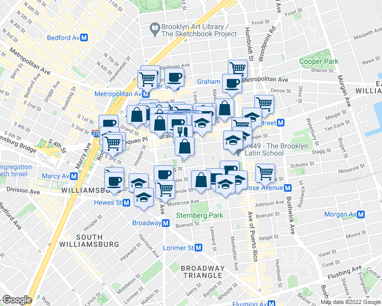map of restaurants, bars, coffee shops, grocery stores, and more near 49 Ten Eyck Street in Brooklyn