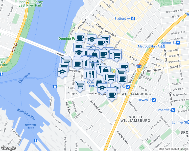 map of restaurants, bars, coffee shops, grocery stores, and more near 140 Broadway in Brooklyn