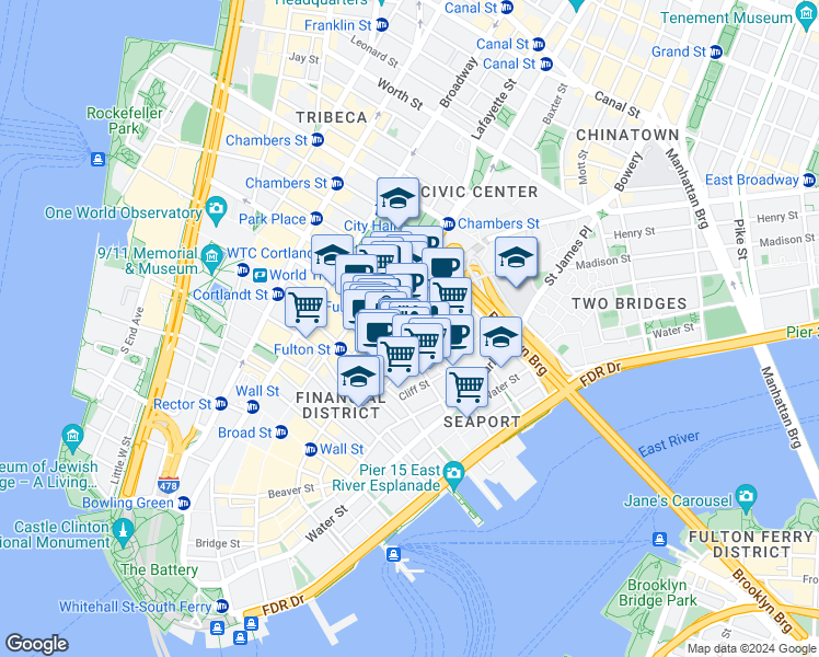 map of restaurants, bars, coffee shops, grocery stores, and more near 47 Beekman Street in New York