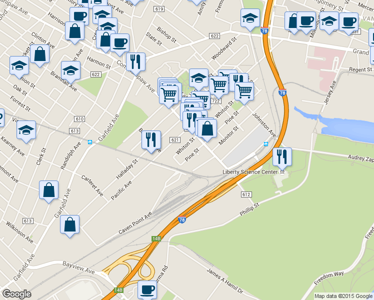 map of restaurants, bars, coffee shops, grocery stores, and more near 248 Whiton Street in Jersey City