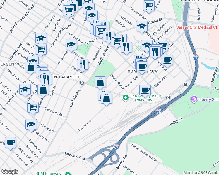 map of restaurants, bars, coffee shops, grocery stores, and more near 100 Van Horne Street in Jersey City