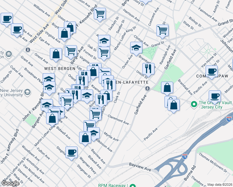 map of restaurants, bars, coffee shops, grocery stores, and more near 700 Ocean Avenue in Jersey City