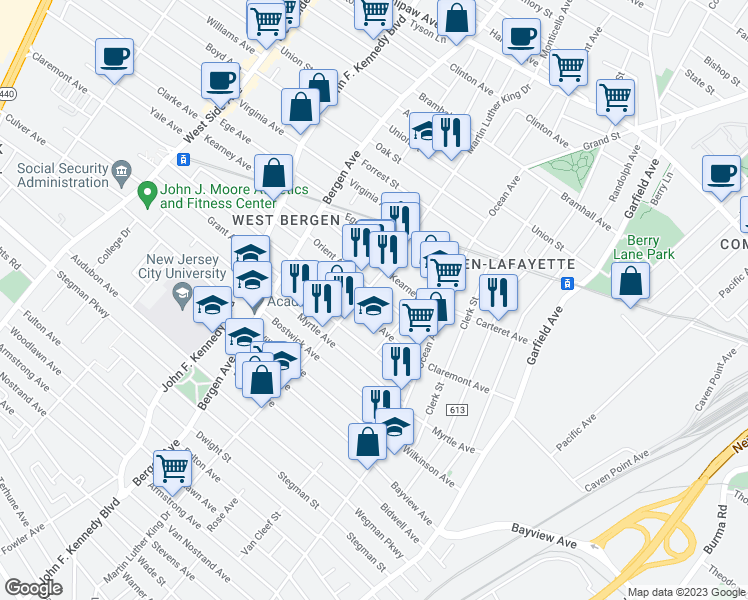 map of restaurants, bars, coffee shops, grocery stores, and more near 53 Orient Avenue in Jersey City
