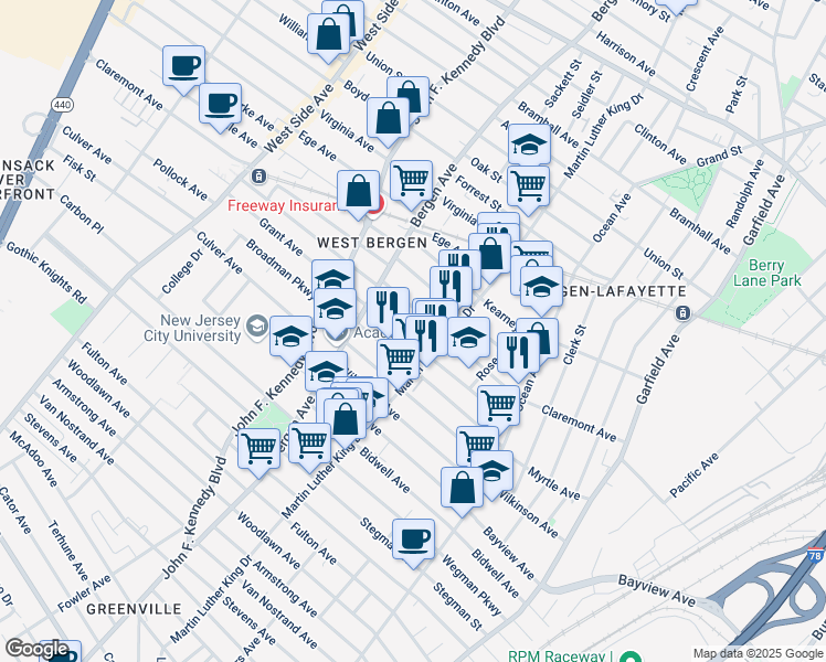 map of restaurants, bars, coffee shops, grocery stores, and more near 114 Grant Avenue in Jersey City