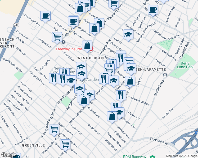 map of restaurants, bars, coffee shops, grocery stores, and more near 114 Grant Avenue in Jersey City