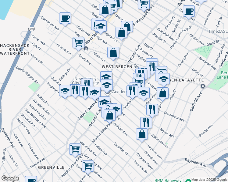 map of restaurants, bars, coffee shops, grocery stores, and more near 232 Bergen Avenue in Jersey City