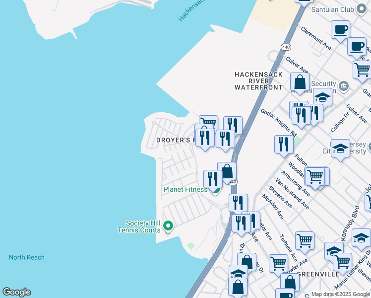 map of restaurants, bars, coffee shops, grocery stores, and more near 2 Carpenter Court in Jersey City