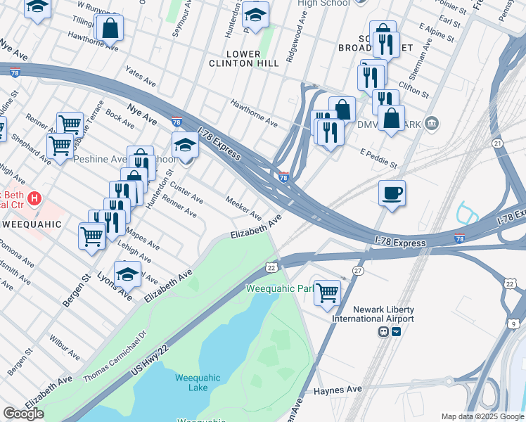 map of restaurants, bars, coffee shops, grocery stores, and more near 243-245 Meeker Avenue in Newark