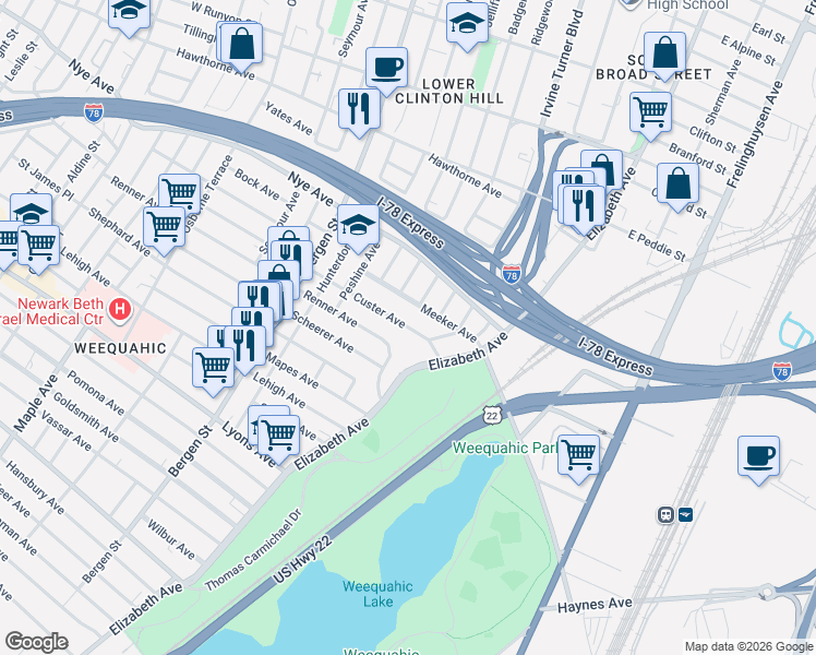 map of restaurants, bars, coffee shops, grocery stores, and more near 25-27 Custer Avenue in Newark