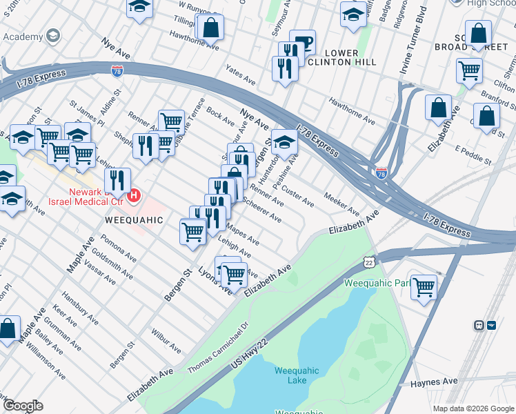 map of restaurants, bars, coffee shops, grocery stores, and more near 74 Scheerer Avenue in Newark