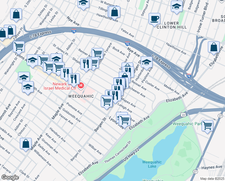map of restaurants, bars, coffee shops, grocery stores, and more near 123 Mapes Avenue in Newark