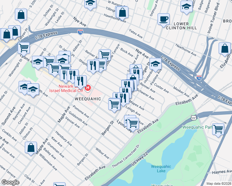 map of restaurants, bars, coffee shops, grocery stores, and more near 123 Mapes Avenue in Newark