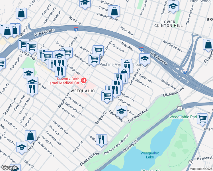 map of restaurants, bars, coffee shops, grocery stores, and more near 155 Lehigh Avenue in Newark