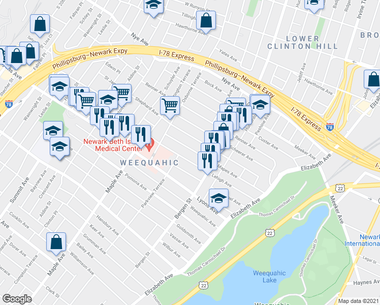 map of restaurants, bars, coffee shops, grocery stores, and more near 155 Lehigh Avenue in Newark