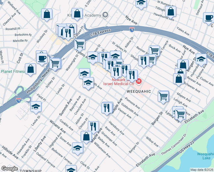 map of restaurants, bars, coffee shops, grocery stores, and more near 241 Pomona Avenue in Newark